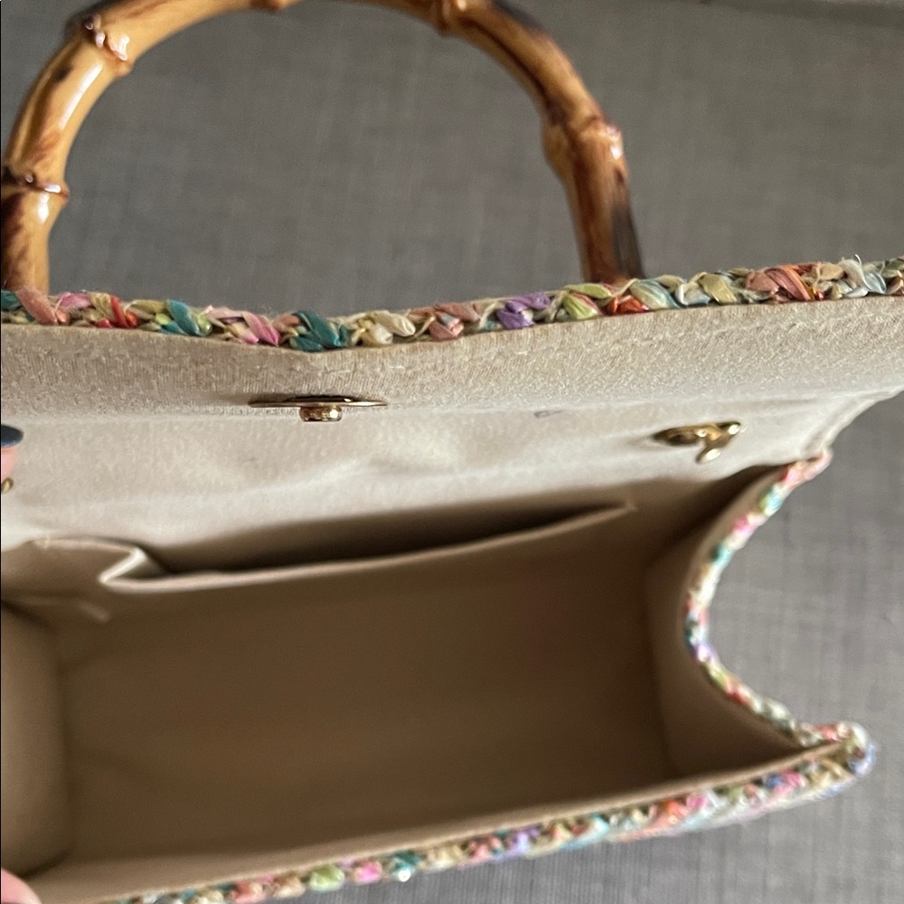 Woven Multicolor Straw Top-Handle Bag with Bamboo Handle - Picture 3 of 7